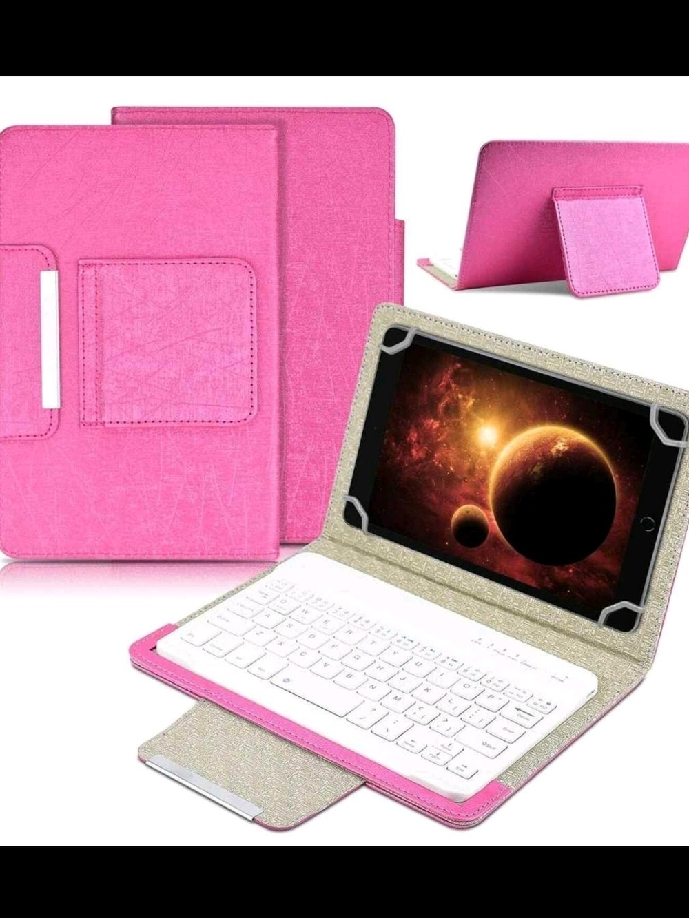 Universal 8" Tablet Case with Removable Wireless Bluetooth Keyboard Pink Folio